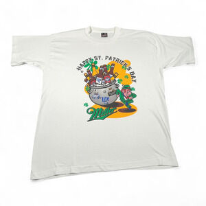 Vintage St Patricks Day Shirt Adult EXTRA LARGE White Miller Beer USA Made 90s